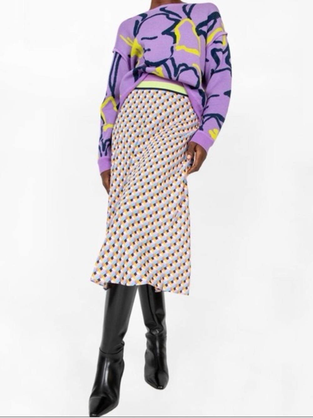 Tanya Taylor Lavender and Yellow Graphic Knit Top with Patterned Midi Skirt